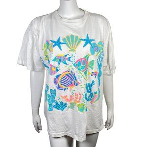 Vintage Fish Seashells Puffy Paint Graphic T Shirt Womens XL Oversized Boxy